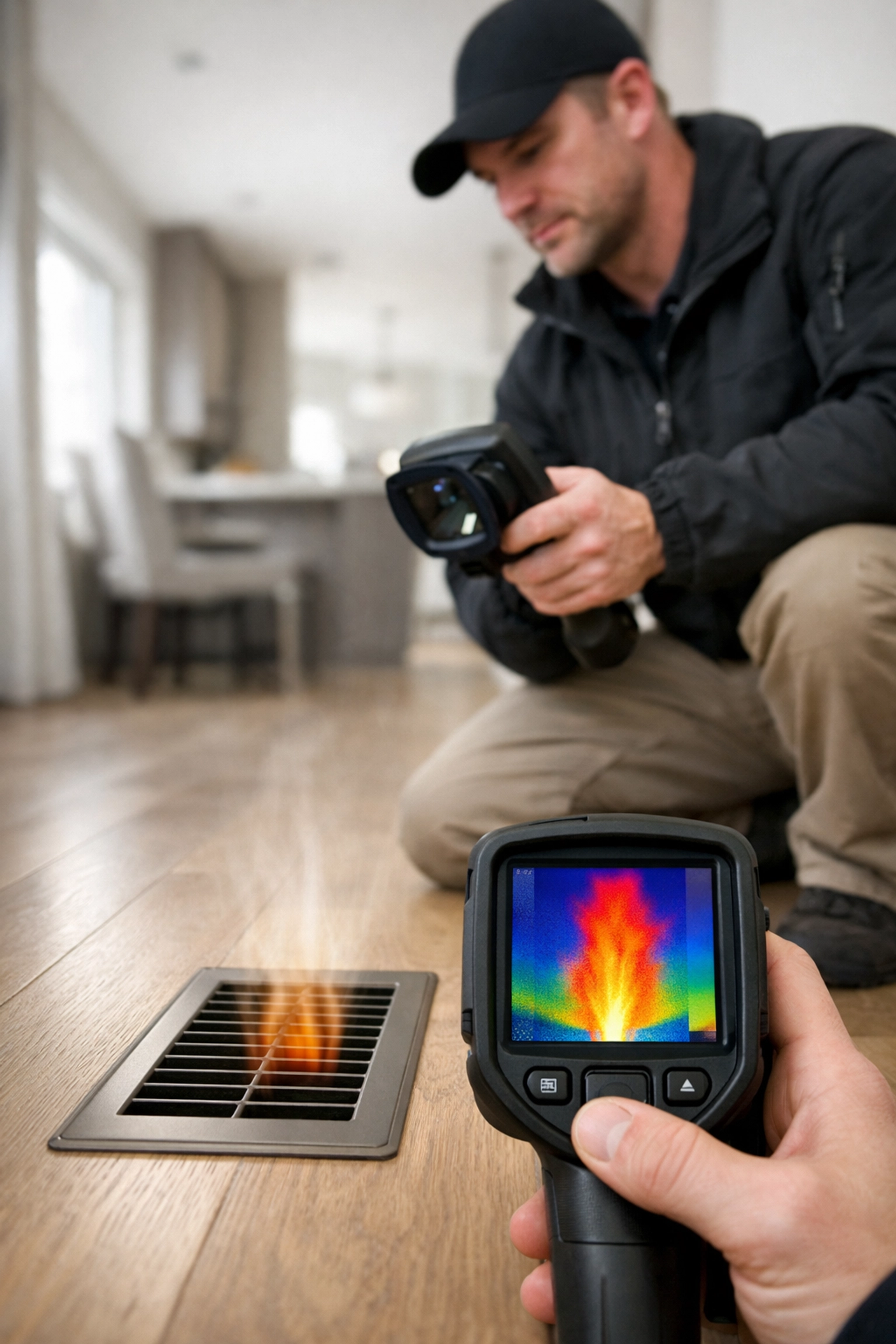 Thermal camera view showing warm heat distribution from a floor register during an Edmonton HVAC system inspection.