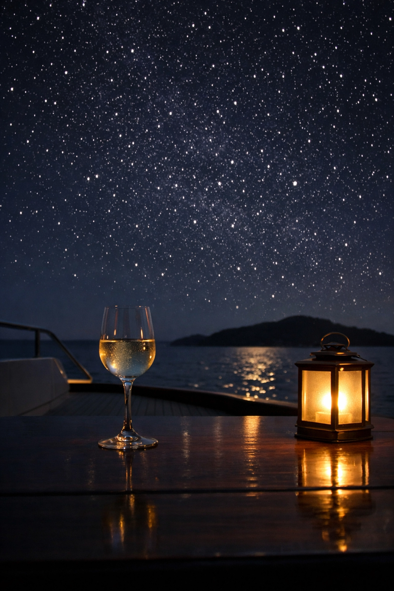 Evening relaxation on a luxury boat deck under a starry sky on an Alor to Komodo cruise.
