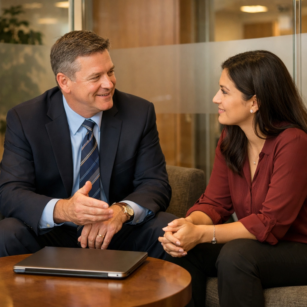 Bank manager mentoring a team member to focus on leadership and culture instead of administrative paperwork.