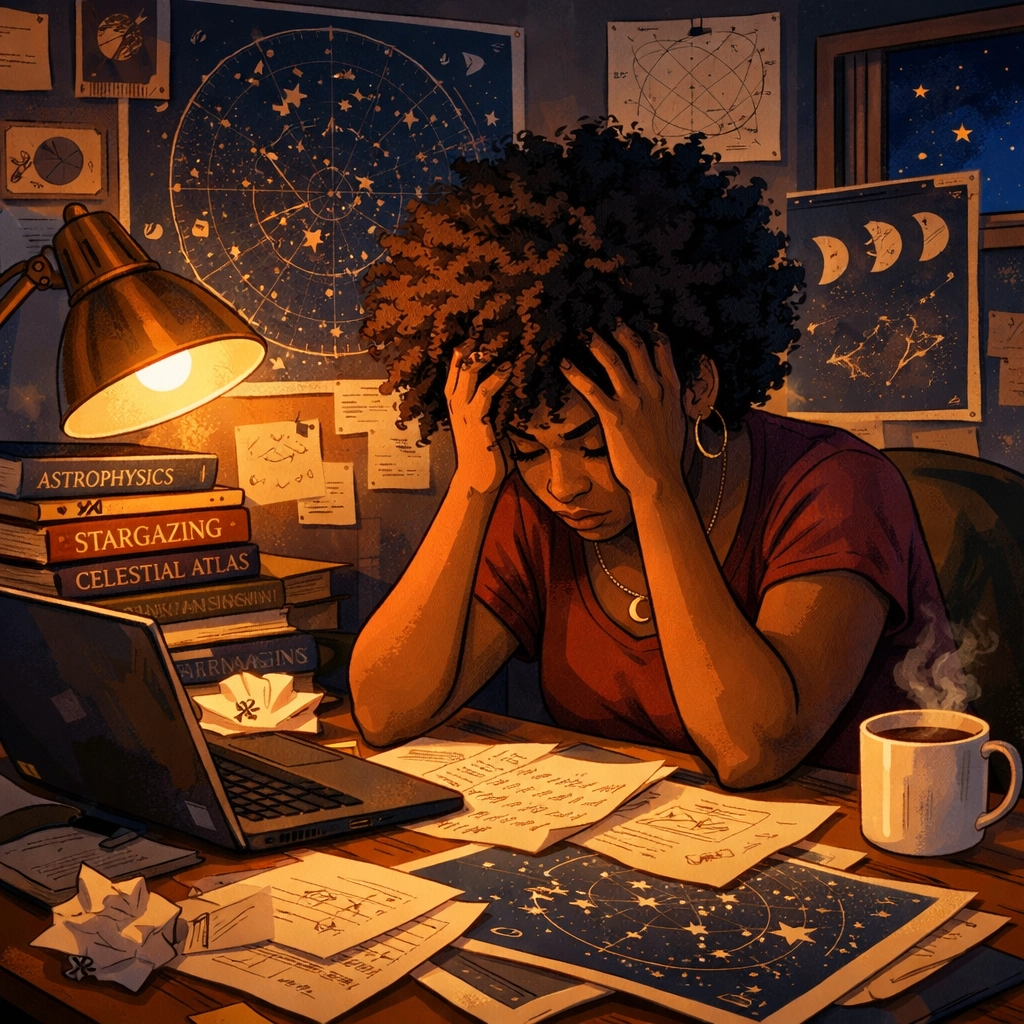 Black woman experiencing burnout surrounded by astronomy books - LGBTQ+ mental health representation