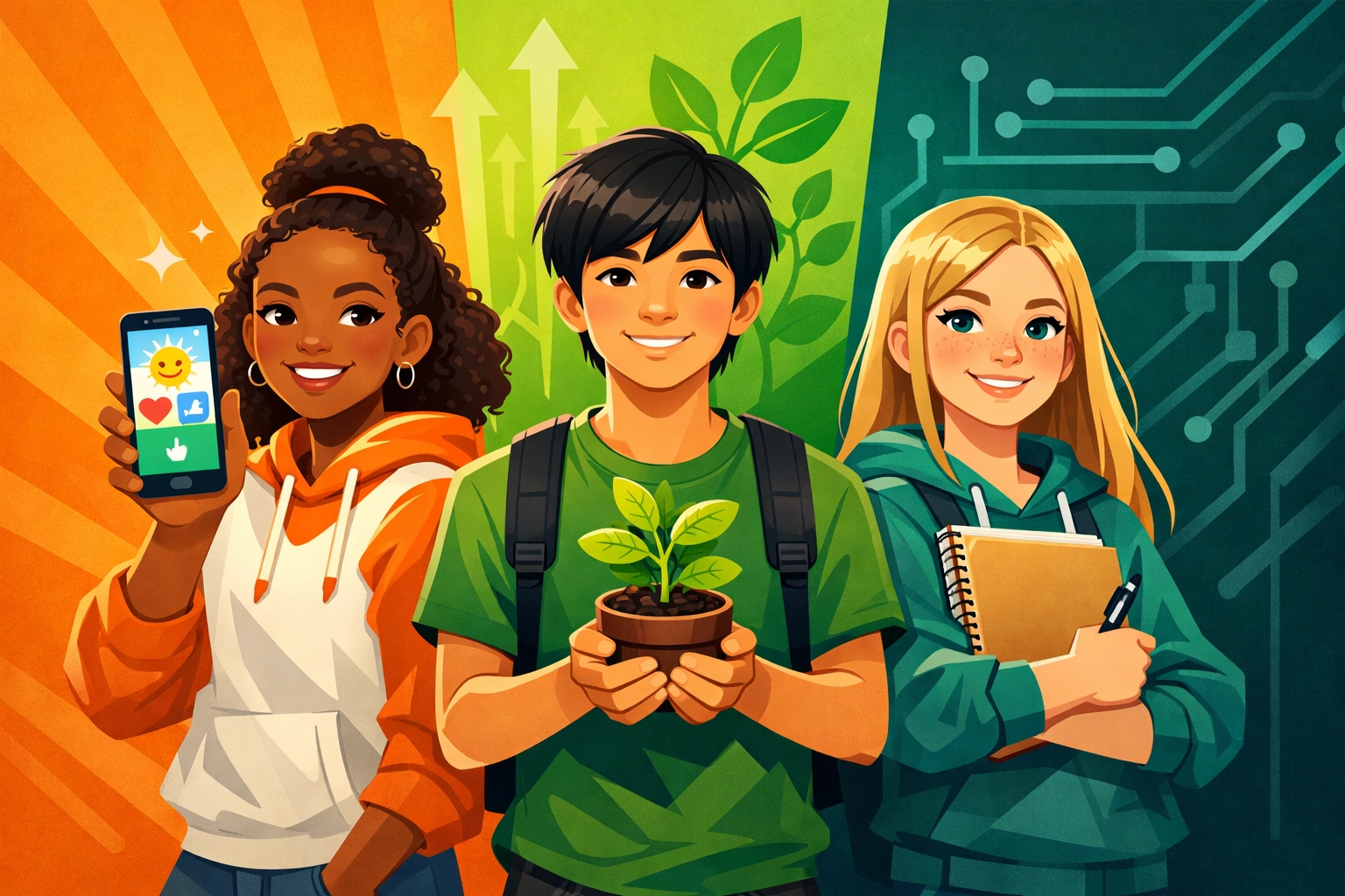 Three confident teenagers holding symbols of life skills training and personal growth