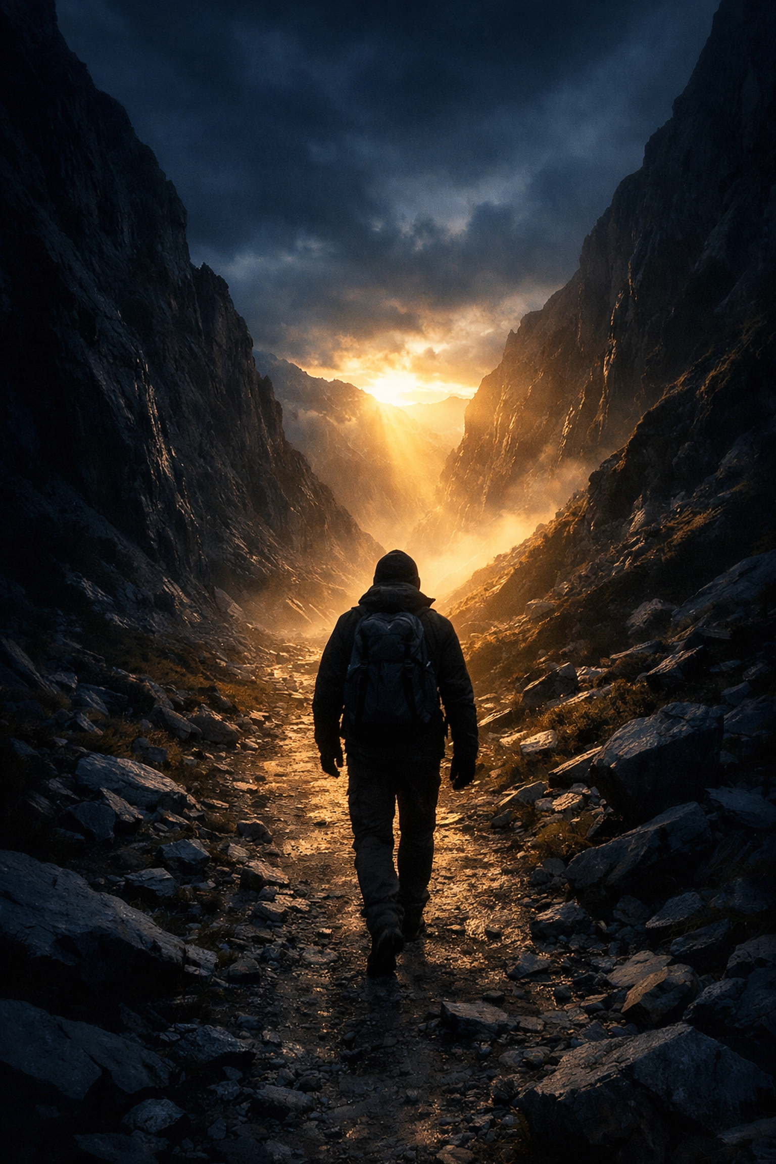 Person walking through valley toward light depicting Psalm 23 faith journey