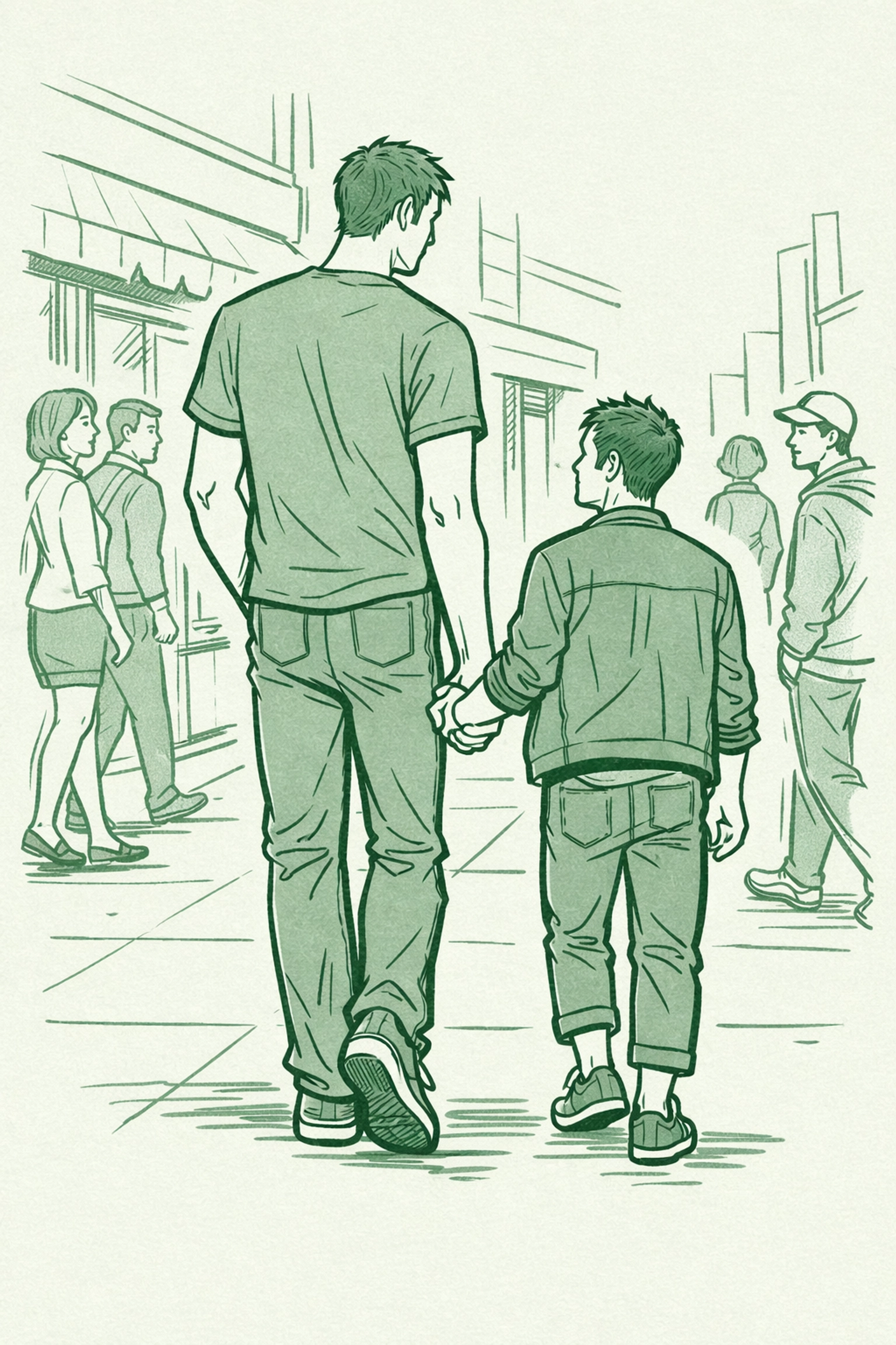 Tall and short gay couple holding hands on city street - MM romance visibility