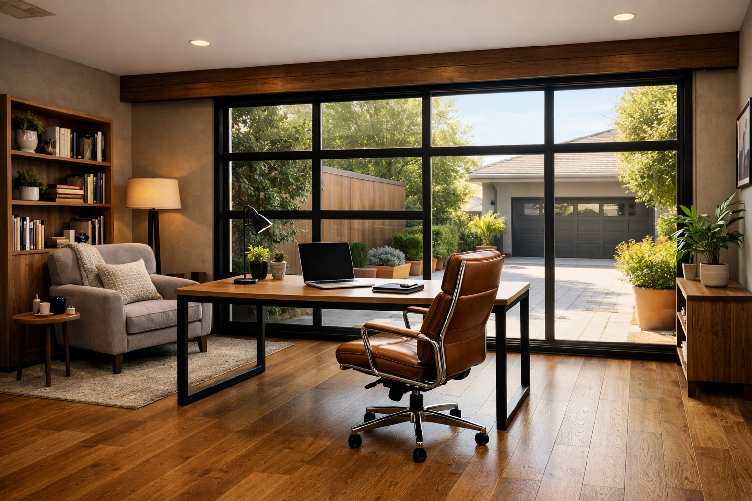 Modern Bournemouth garage conversion turned into a high-end home office with floor-to-ceiling glass windows.