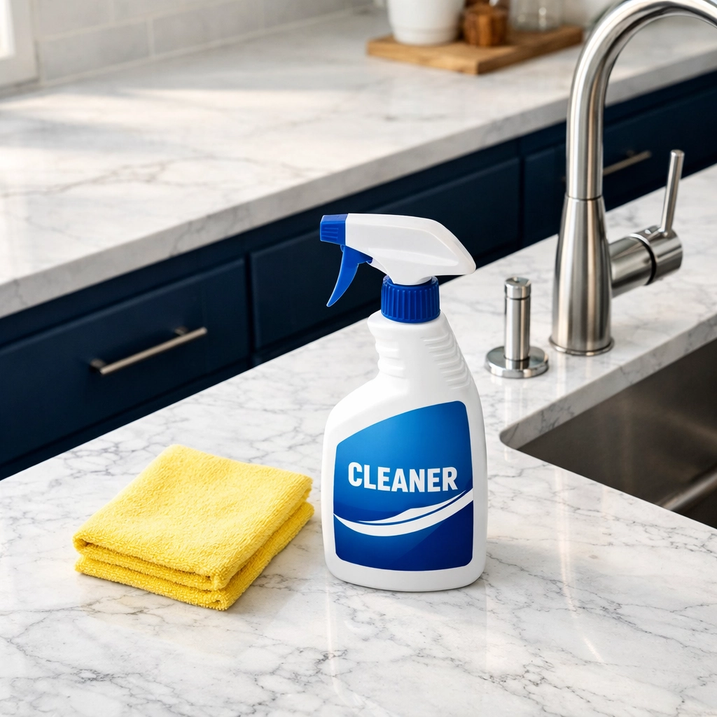 Professional kitchen cleaning supplies on a marble counter for effective deep cleaning Lowell homes.