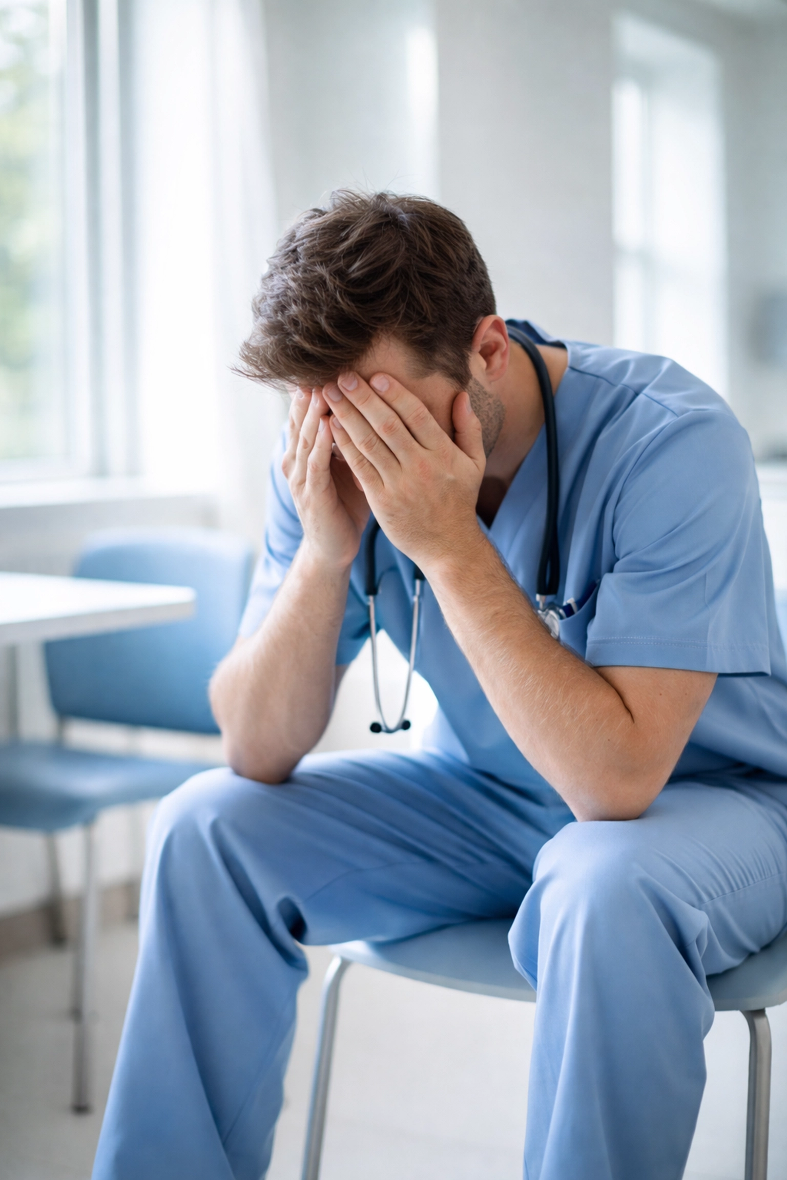 Stressed healthcare worker sits alone in a bright hospital room, highlighting mental health claims in workers comp.