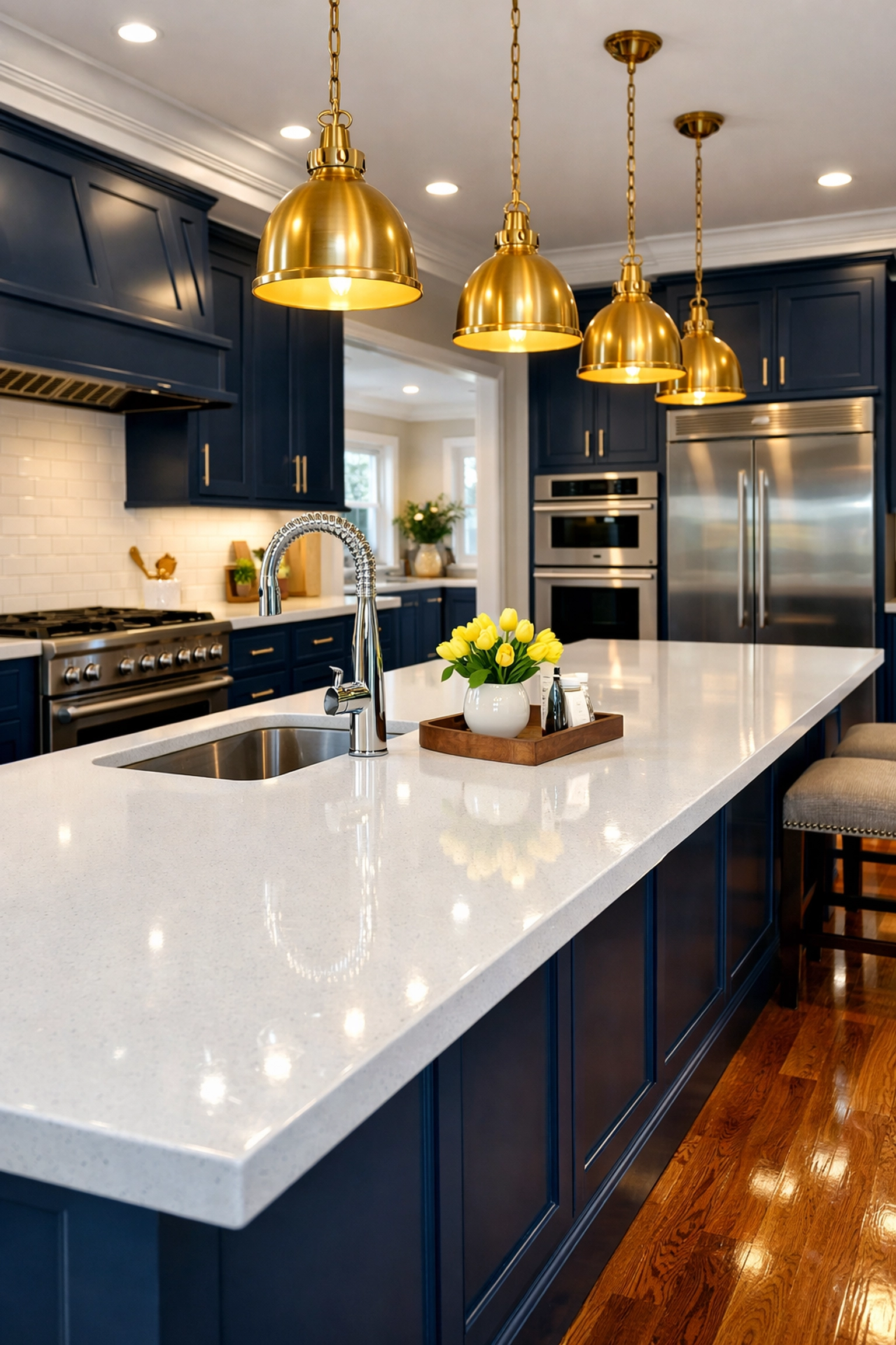 A spotless luxury kitchen in Shrewsbury with polished floors, maintained by professional house cleaning services.