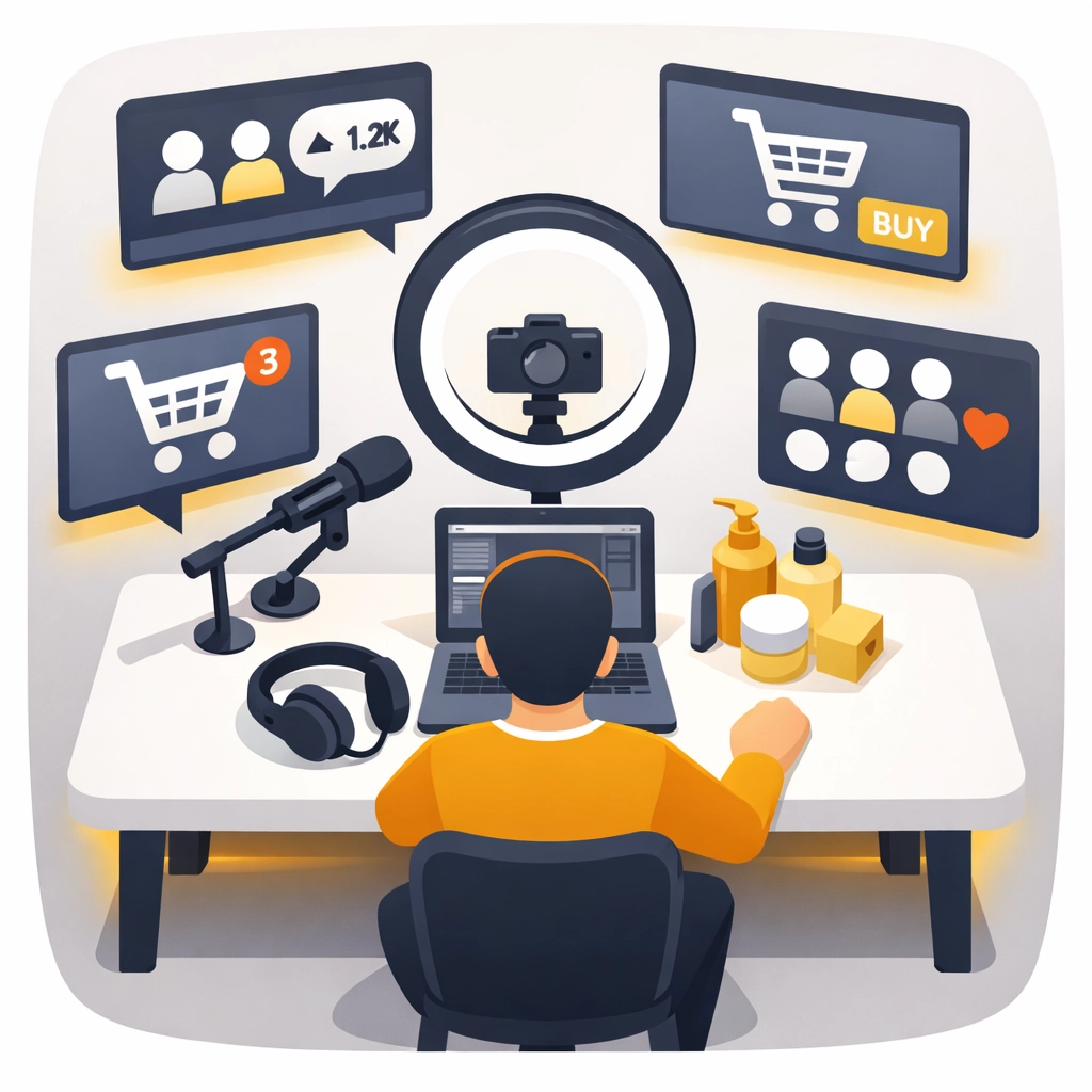 Live shopping broadcast setup with host presenting products to online viewers