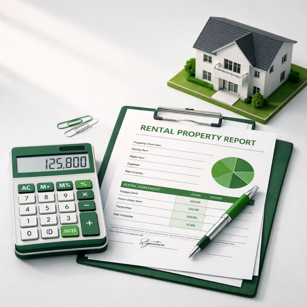 Calculator and rental property documents showing DSCR loan qualification process