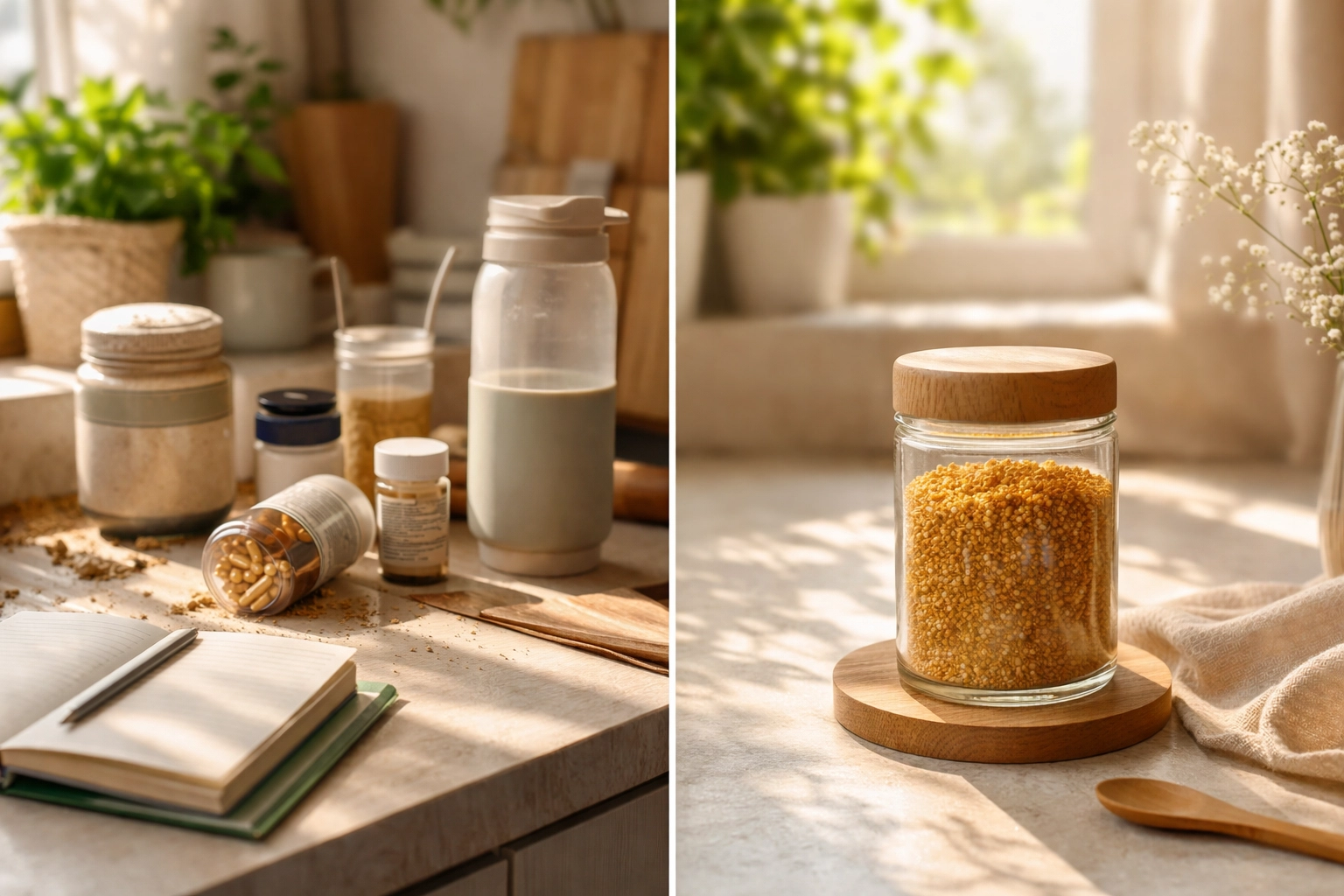 A kitchen counter showing forgotten wellness items alongside a jar of pure bee pollen, illustrating the value of a consistent daily routine.