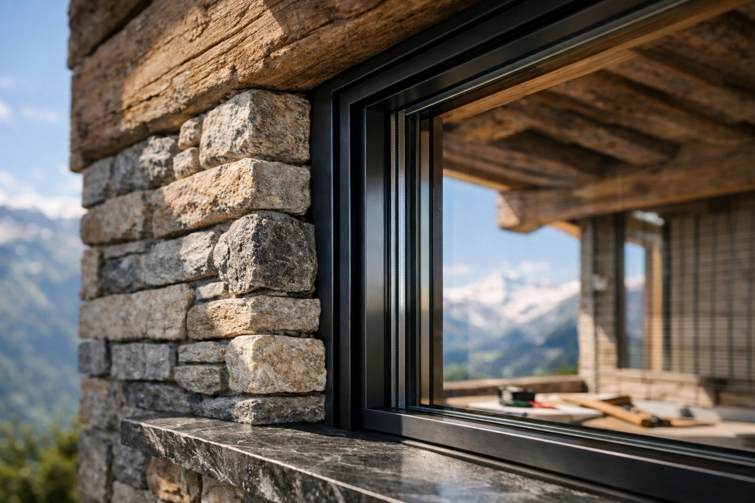 Traditional stone and modern energy-efficient windows during a luxury chalet renovation in Verbier.