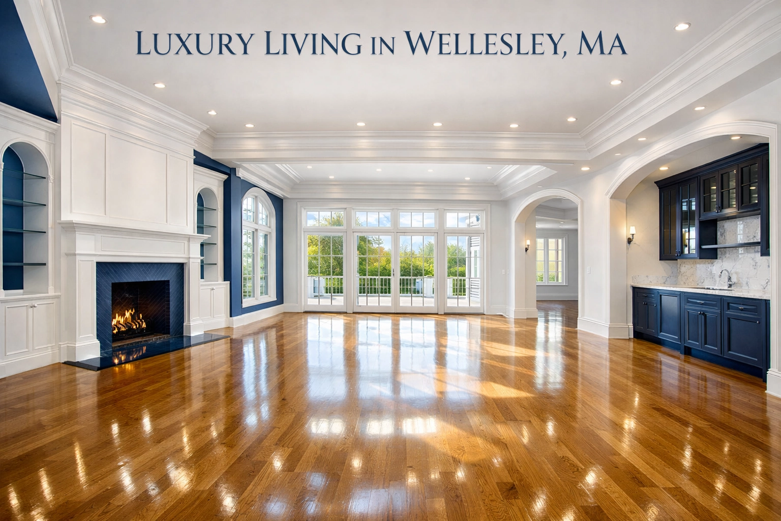 Spotless luxury living room in Wellesley after professional post-construction cleaning MA services.