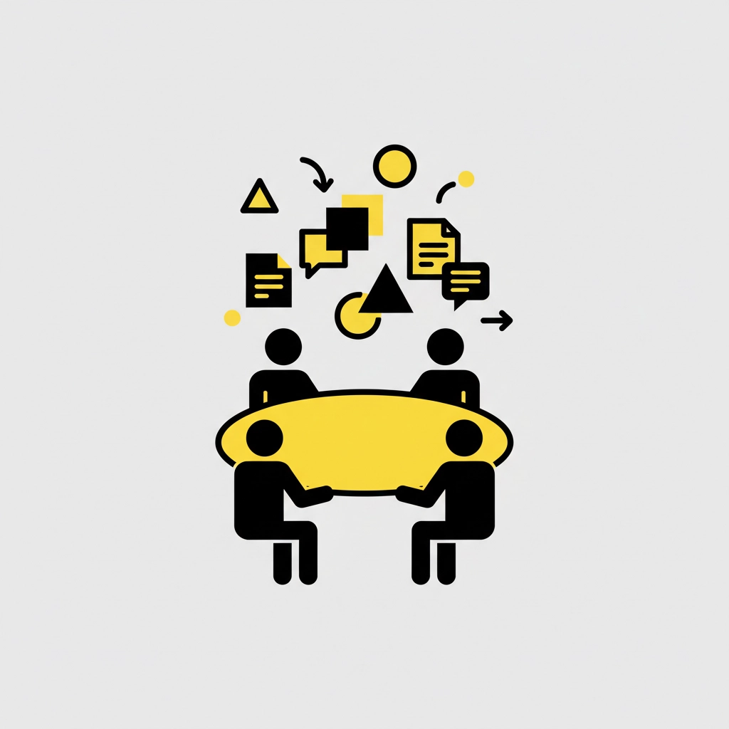 Icons of four people around a yellow table with floating symbols and arrows suggest discussion and idea exchange. Black and yellow theme.