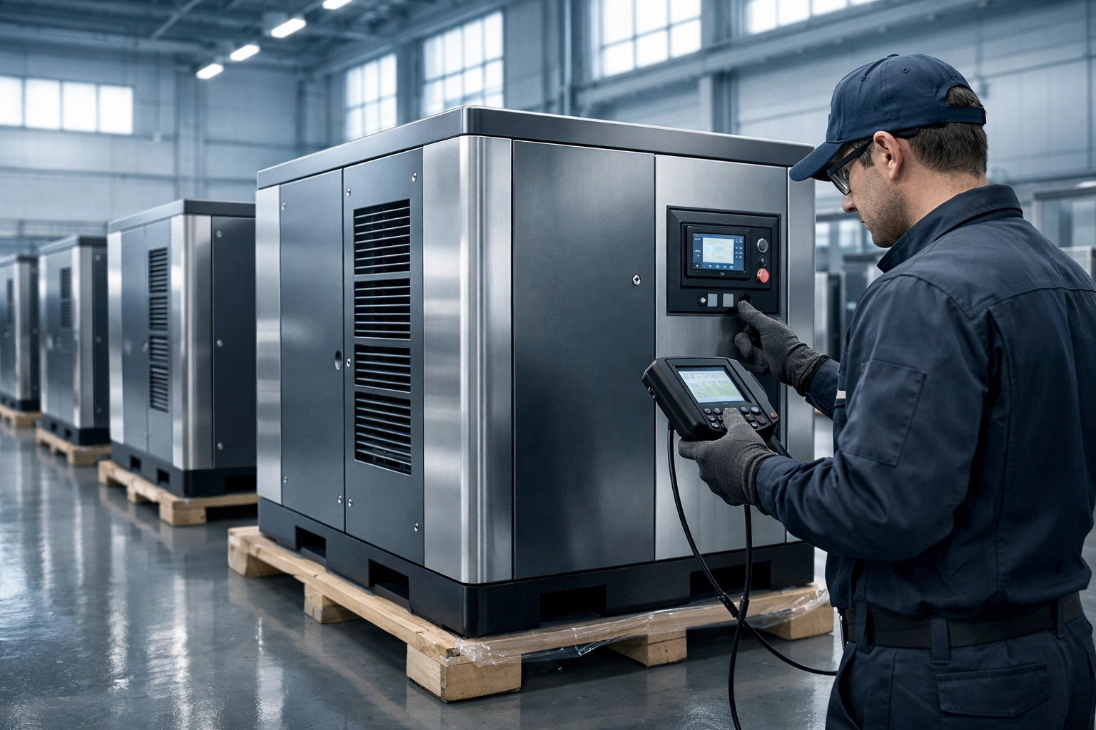 Technician inspecting PMV screw air compressors in a modern manufacturing facility ready for global export.