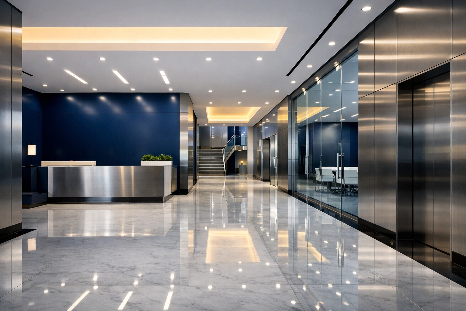 Spotless marble lobby in the Financial District following professional commercial cleaning in Boston.