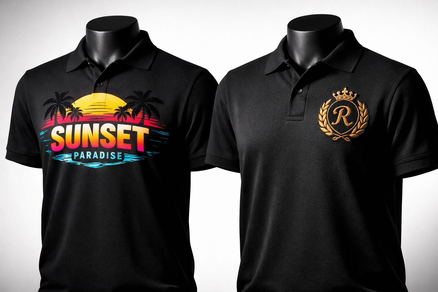 Side-by-side comparison of screen printed and embroidered polo shirts showing texture differences