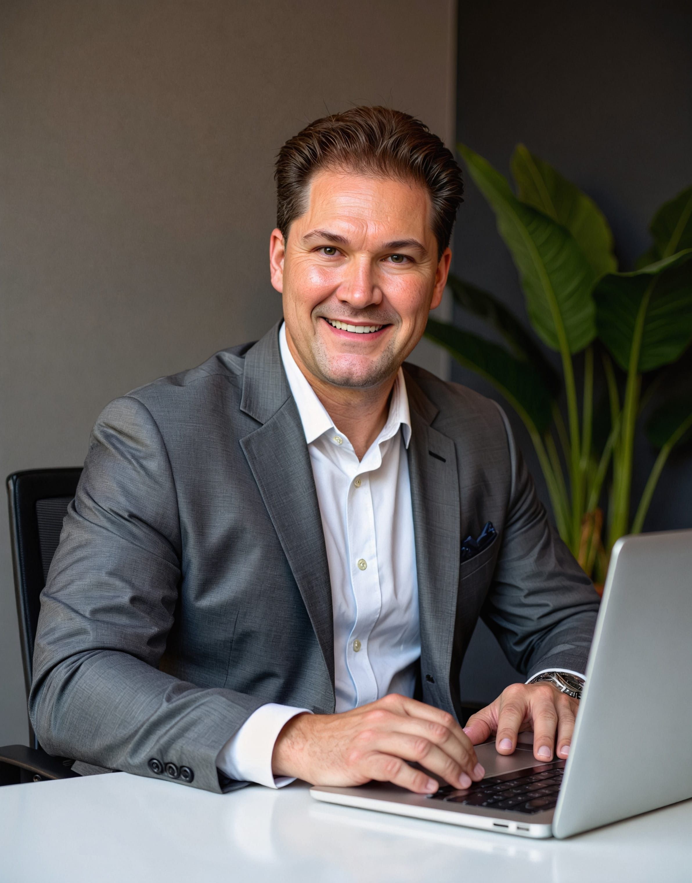 Professional real estate agent working on a laptop in an office setting