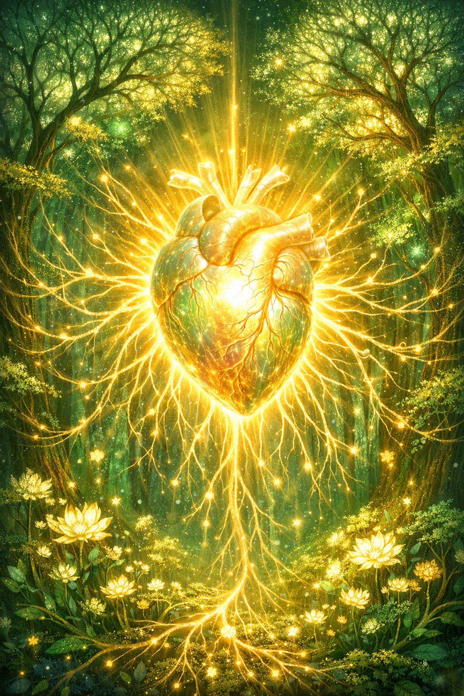 A radiant heart sun with golden roots representing deep nervous system regulation and natural inner healing.