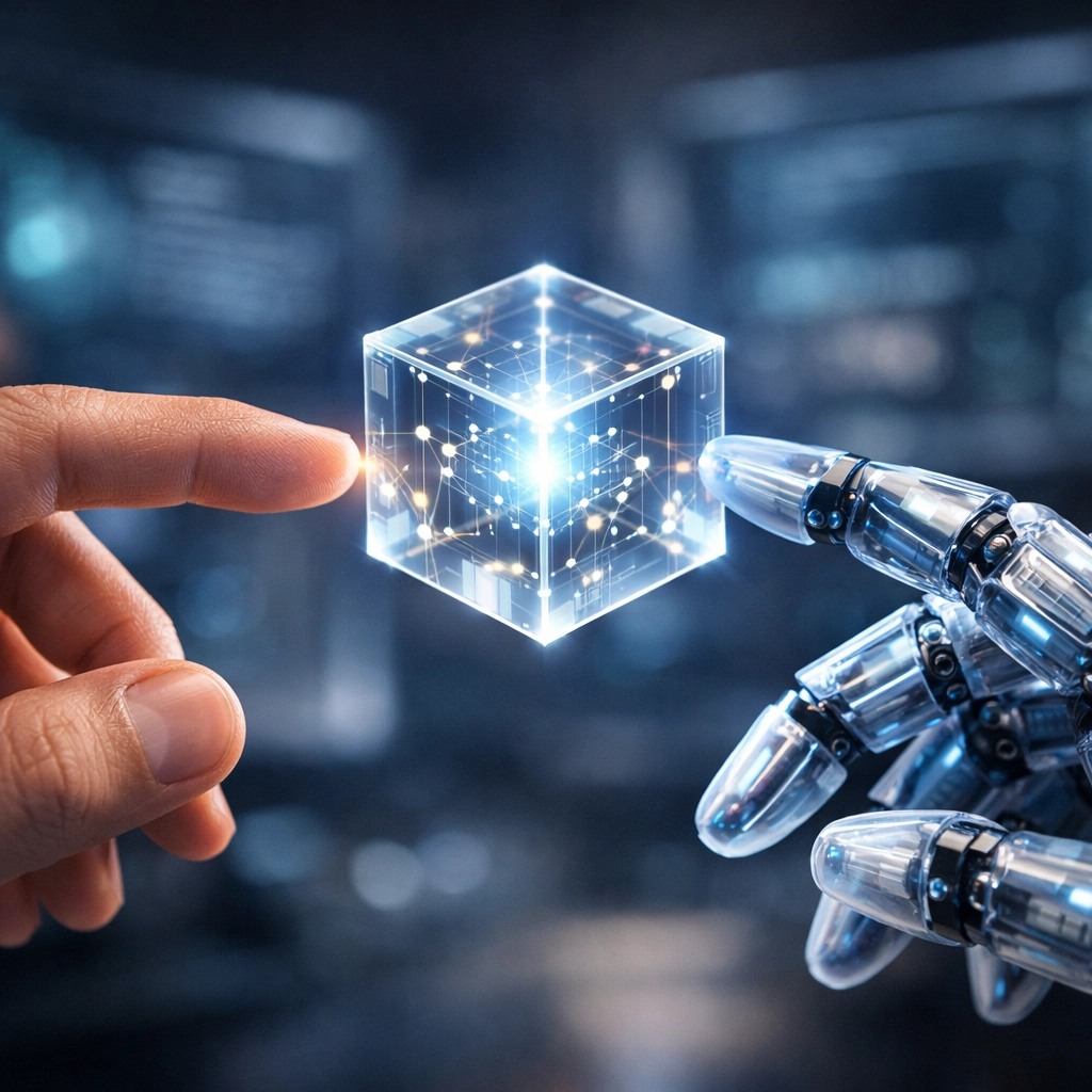 A human hand and robotic arm collaborating on a project node, illustrating the future of AI in management.