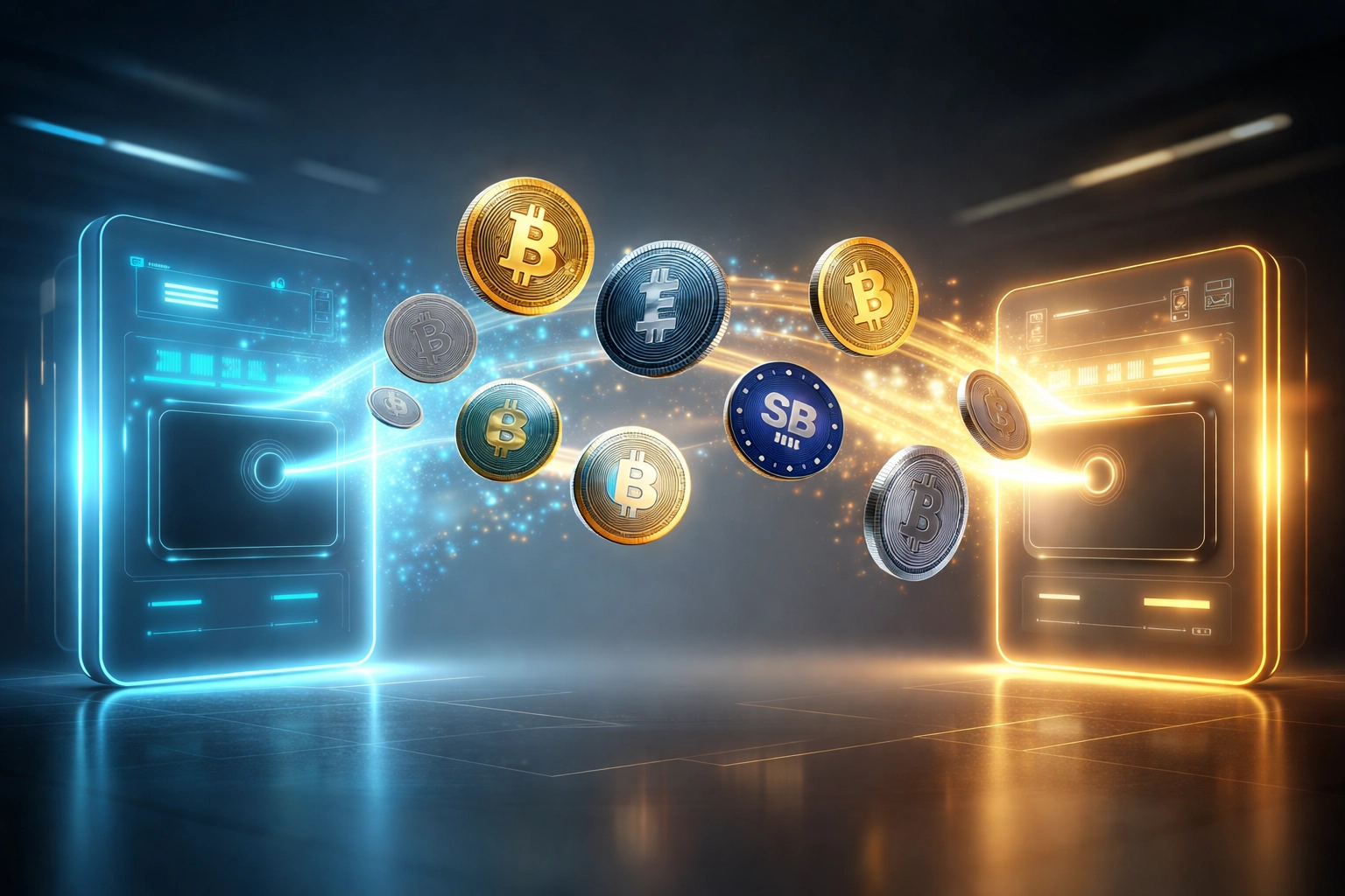 Floating cryptocurrency coins symbolize efficient, low-fee crypto payments for merchants in metaverse shopping.