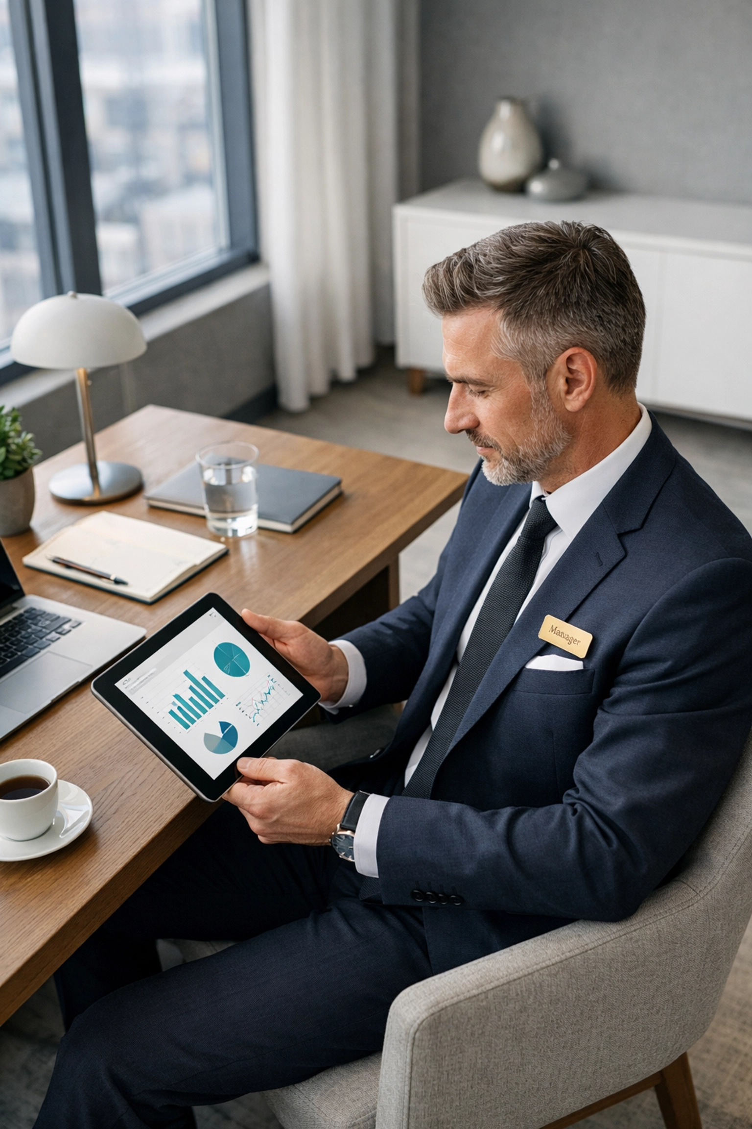 Hotel manager reviewing automated analytics and performance data on tablet
