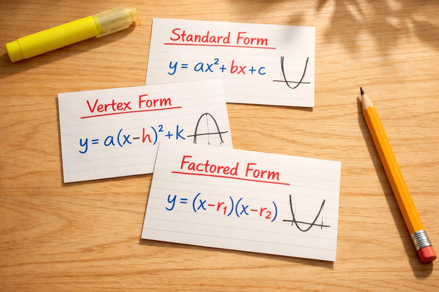 Three quadratic equation forms on study cards for SAT math prep