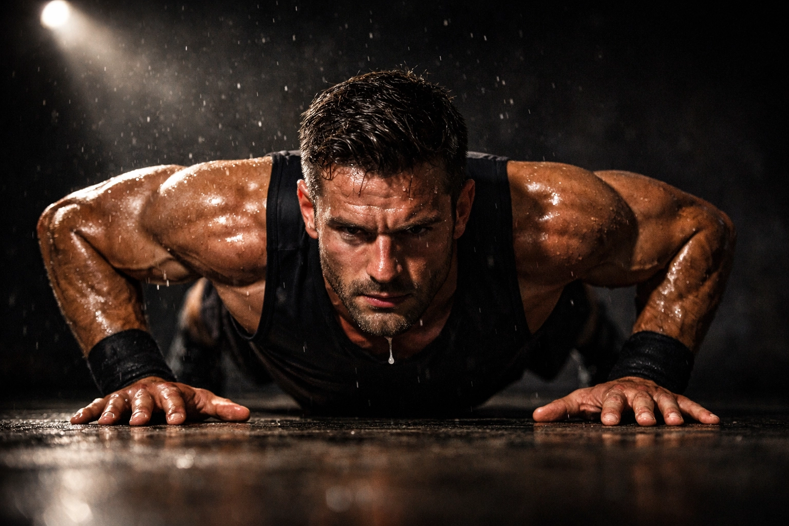 Proper pushup form showing controlled movement at bottom position for bodyweight training