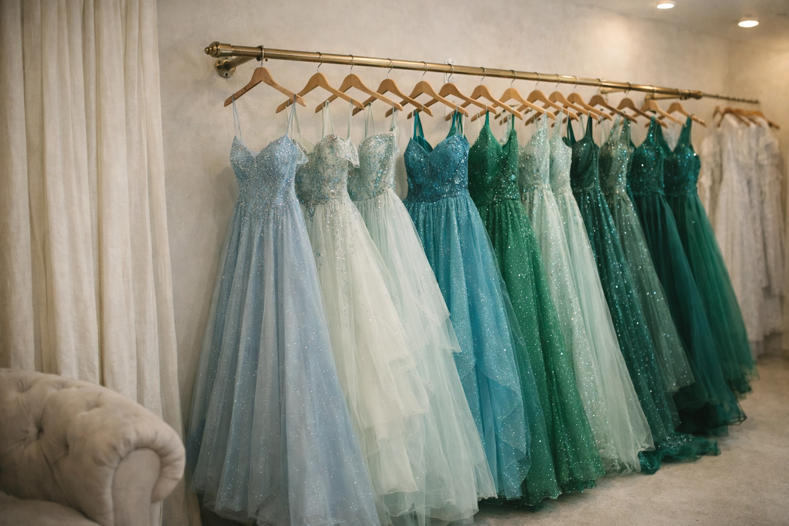 A boutique rail filled with stunning blue and green prom dresses ready for our £175 clearance.