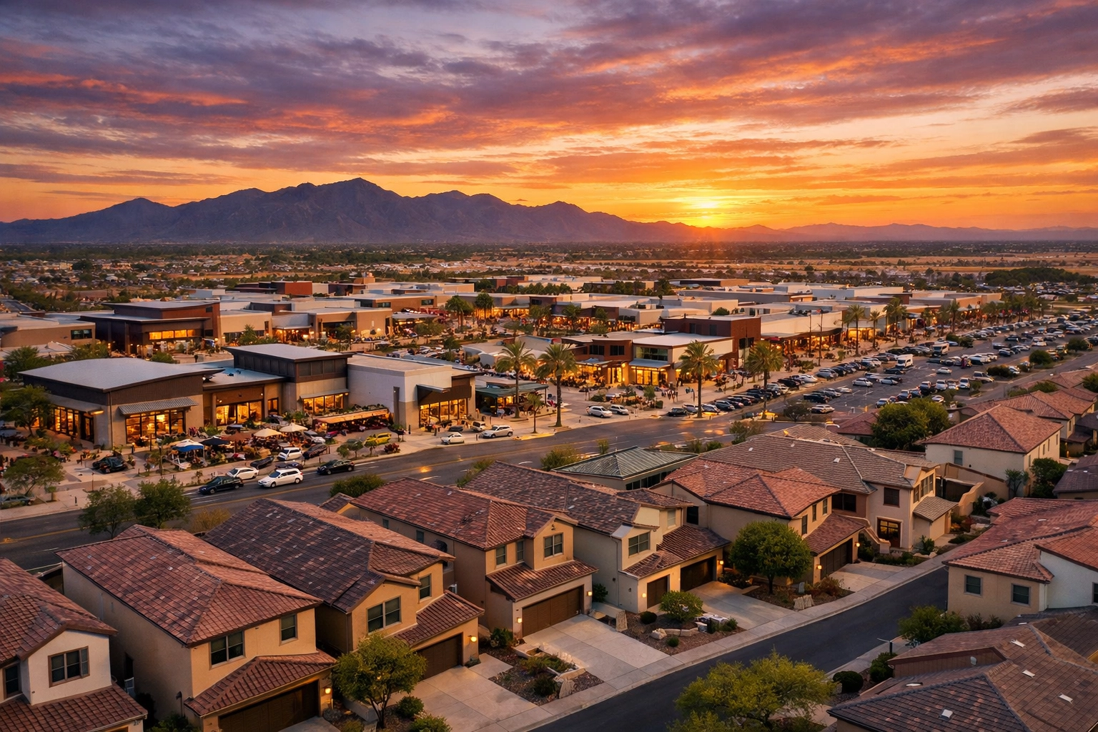 Aerial view of the Village at Prasada retail hub and nearby master-planned homes in Surprise, AZ 85388.
