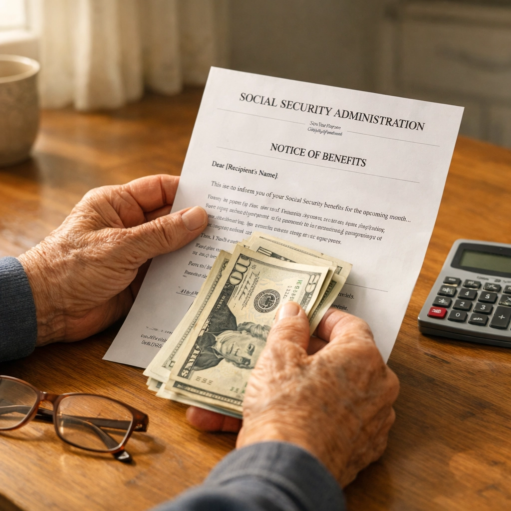 Senior hands holding Social Security benefits letter and bills on kitchen table