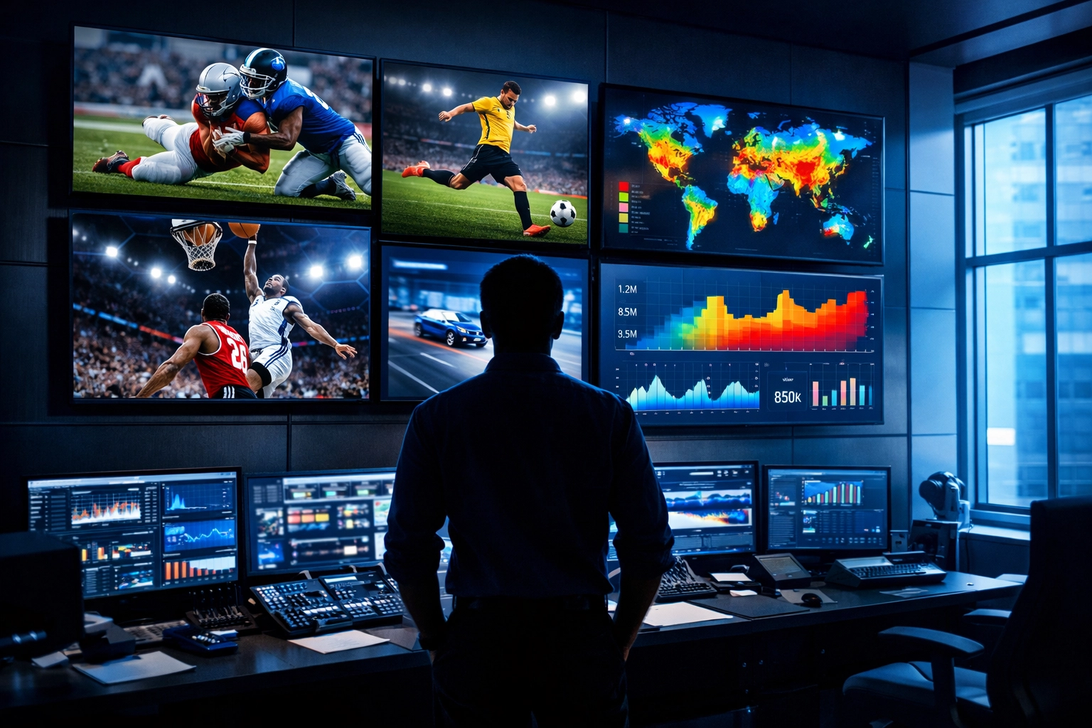Digital media suite monitoring athlete NIL engagement and sports marketing data for Super Bowl campaigns.