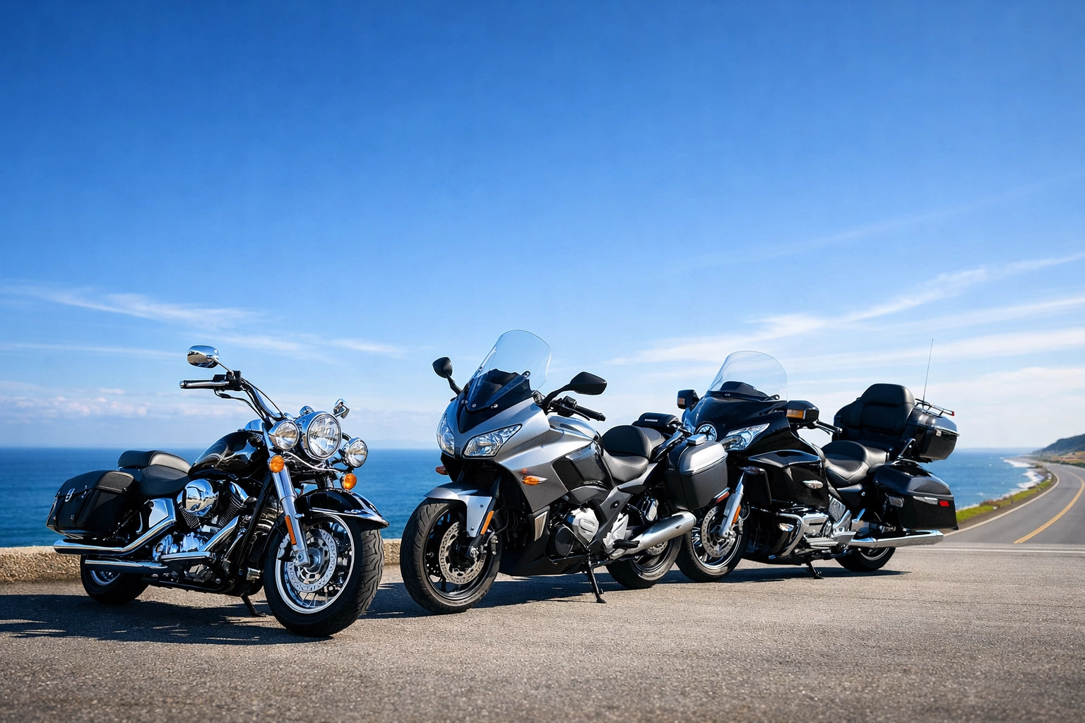 Diverse group of motorcycles parked at a coastal overlook representing motorcycle industry unity for safer roads.