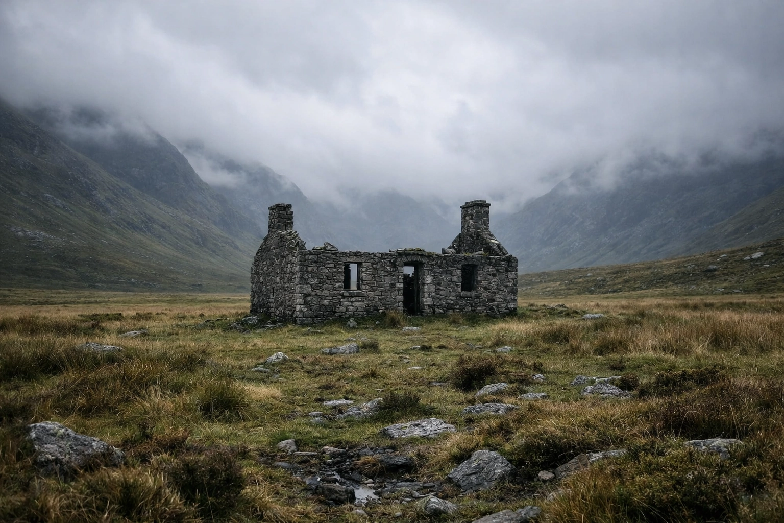 Ruined stone croft house in the Scottish Highlands, representing the origins of Nova Scotia's Scots ancestors.
