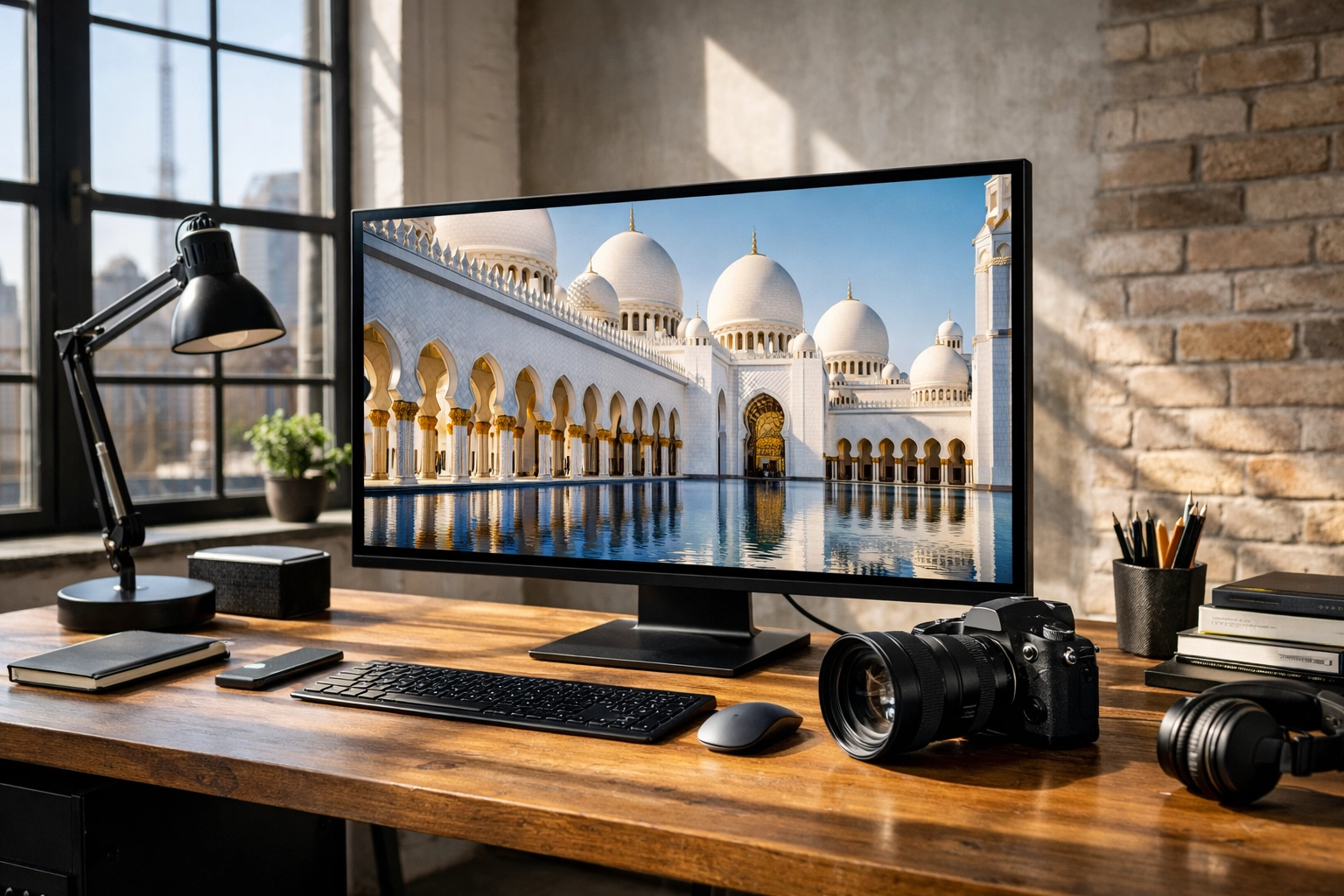 Professional photographer's workspace showing a high-resolution architectural portfolio on a large monitor.