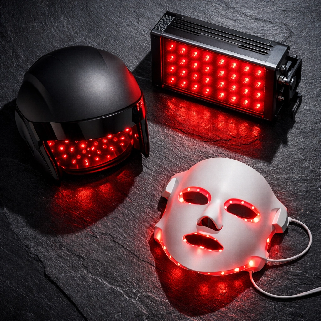 A collection of red light therapy devices including a hair growth helmet and LED face mask.