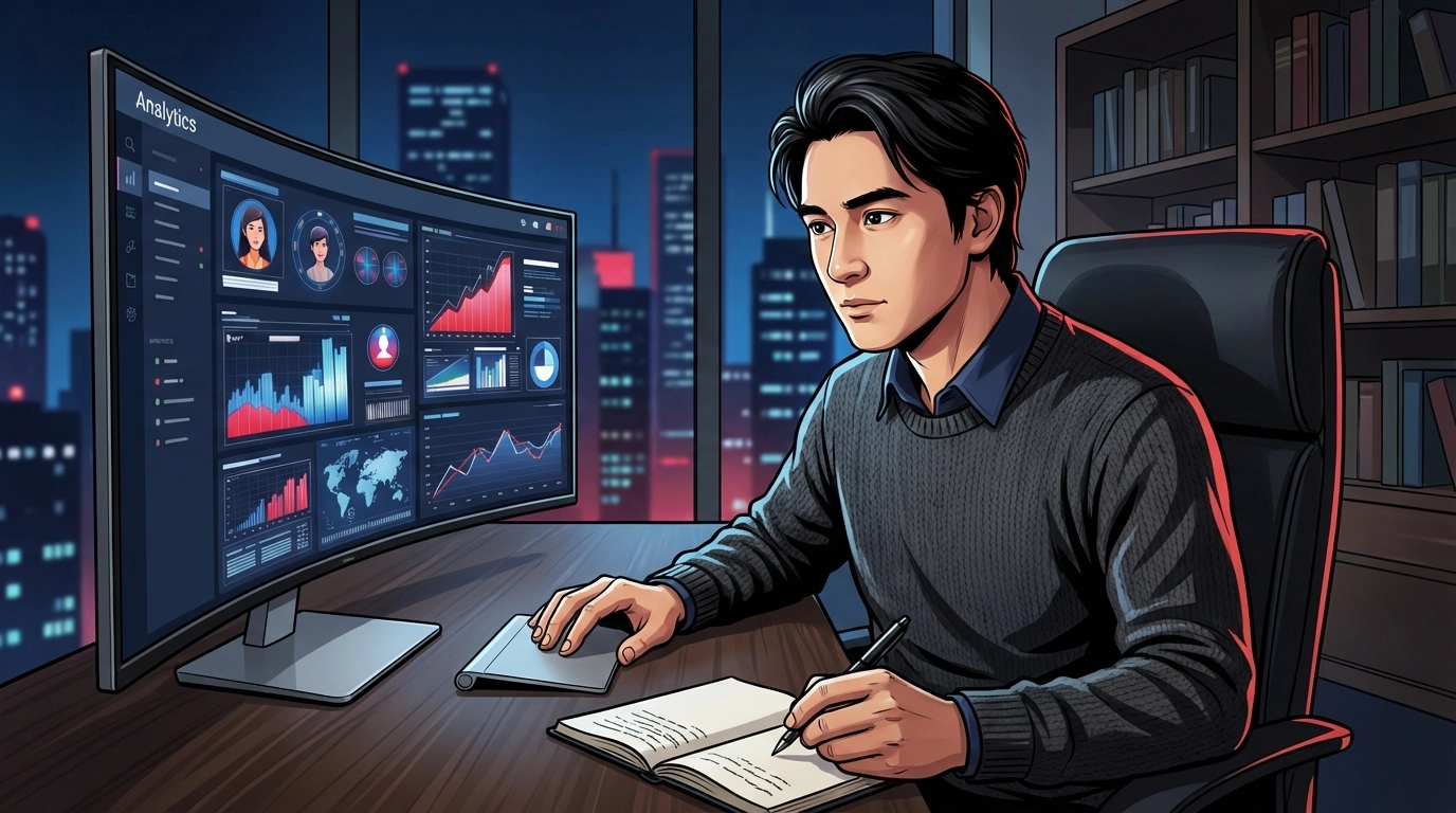 Simon Leung analyzing customer data and market research dashboards in a modern office