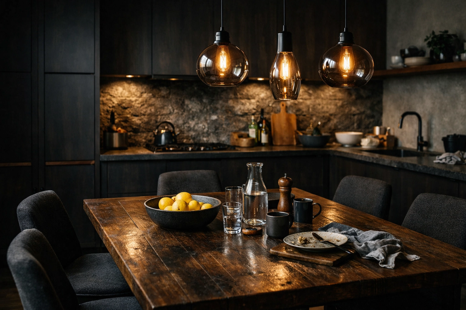 8K photorealistic moody kitchen + dining render - dark cabinetry, textured stone backsplash, realistic pendant lighting, strong contrast, crisp material detail, no humans, no text