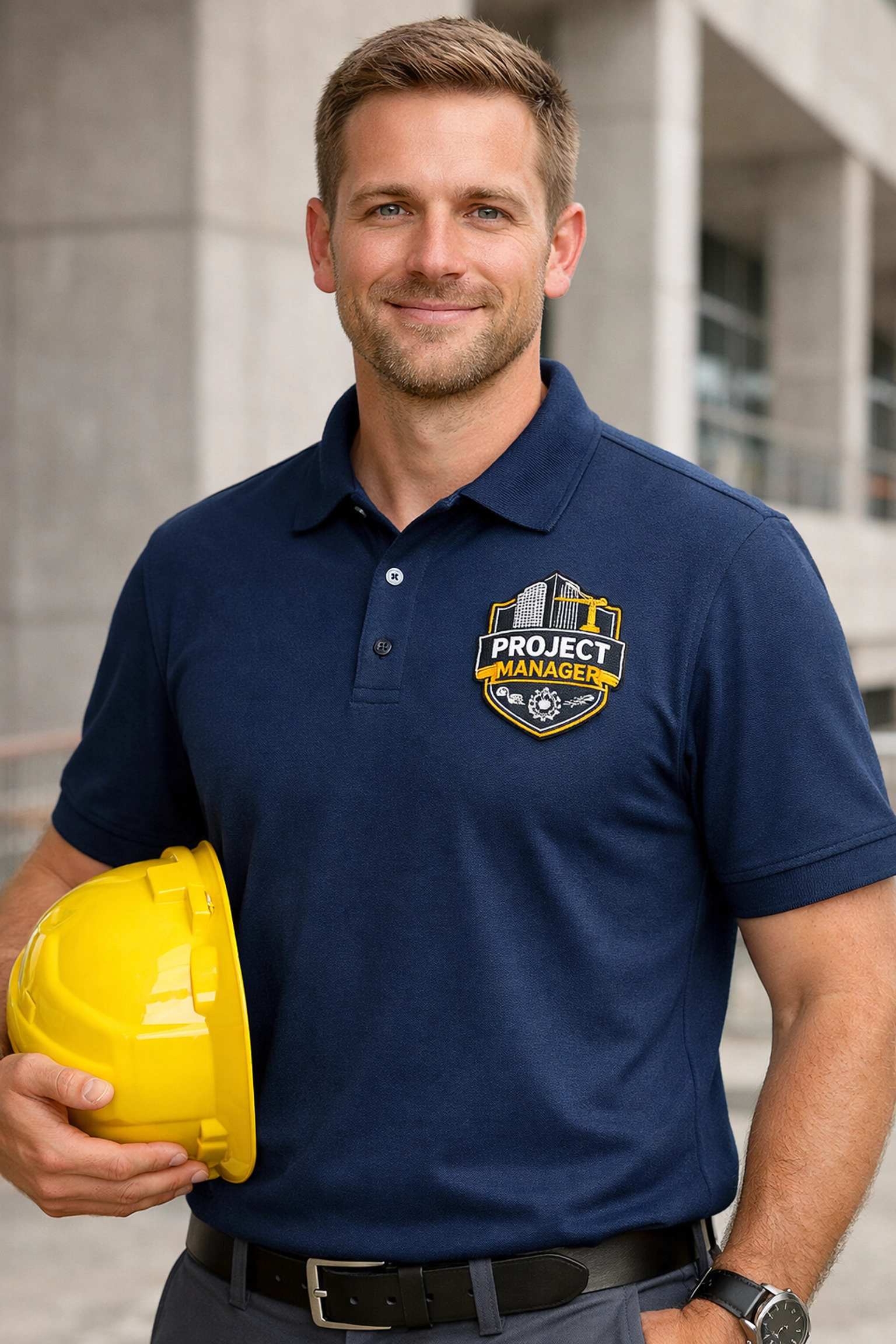 Professional custom embroidered polos in navy blue for project managers on a modern job site.