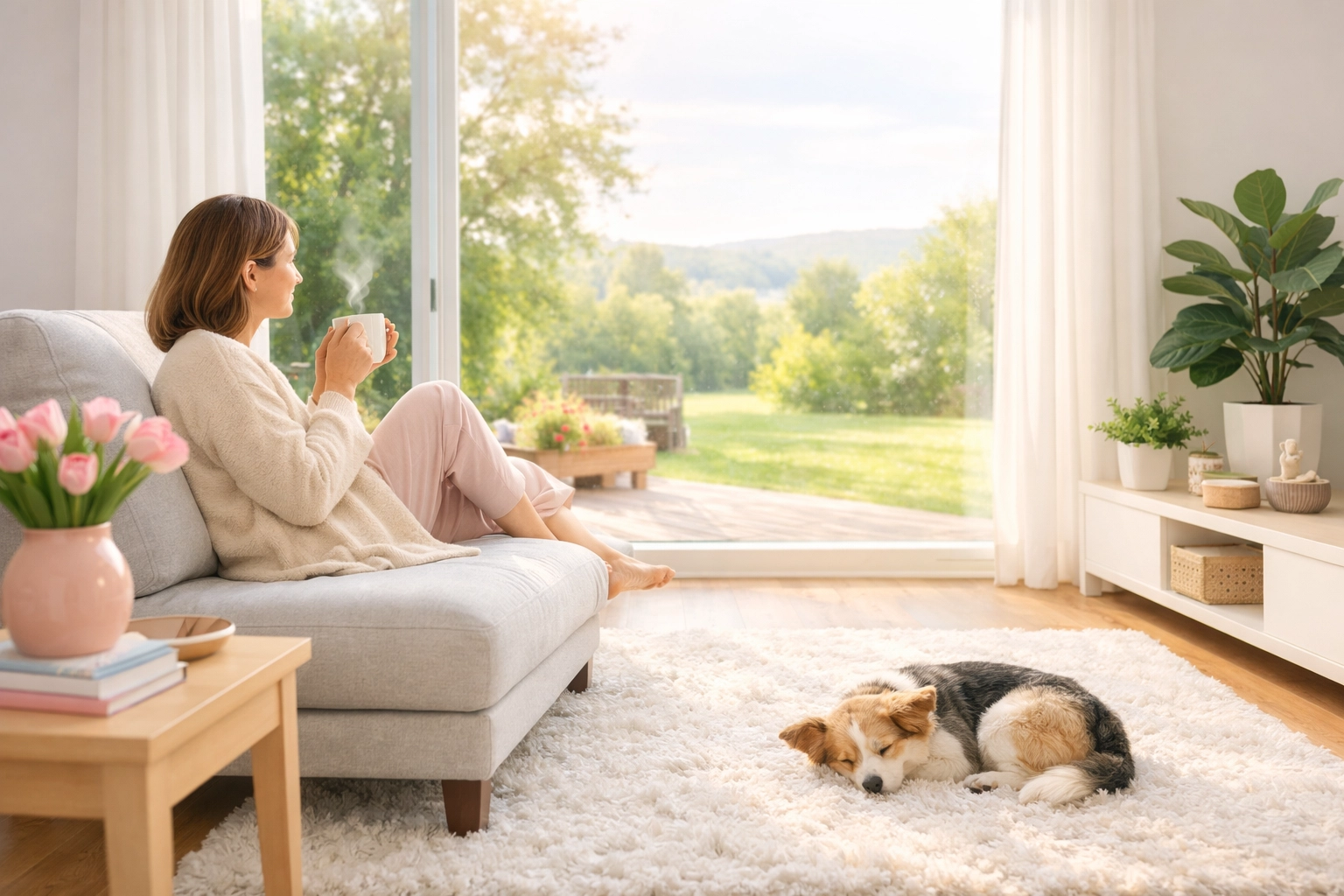 Relaxed woman in a tidy Cedar Falls home, enjoying peace of mind provided by a local cleaning service.