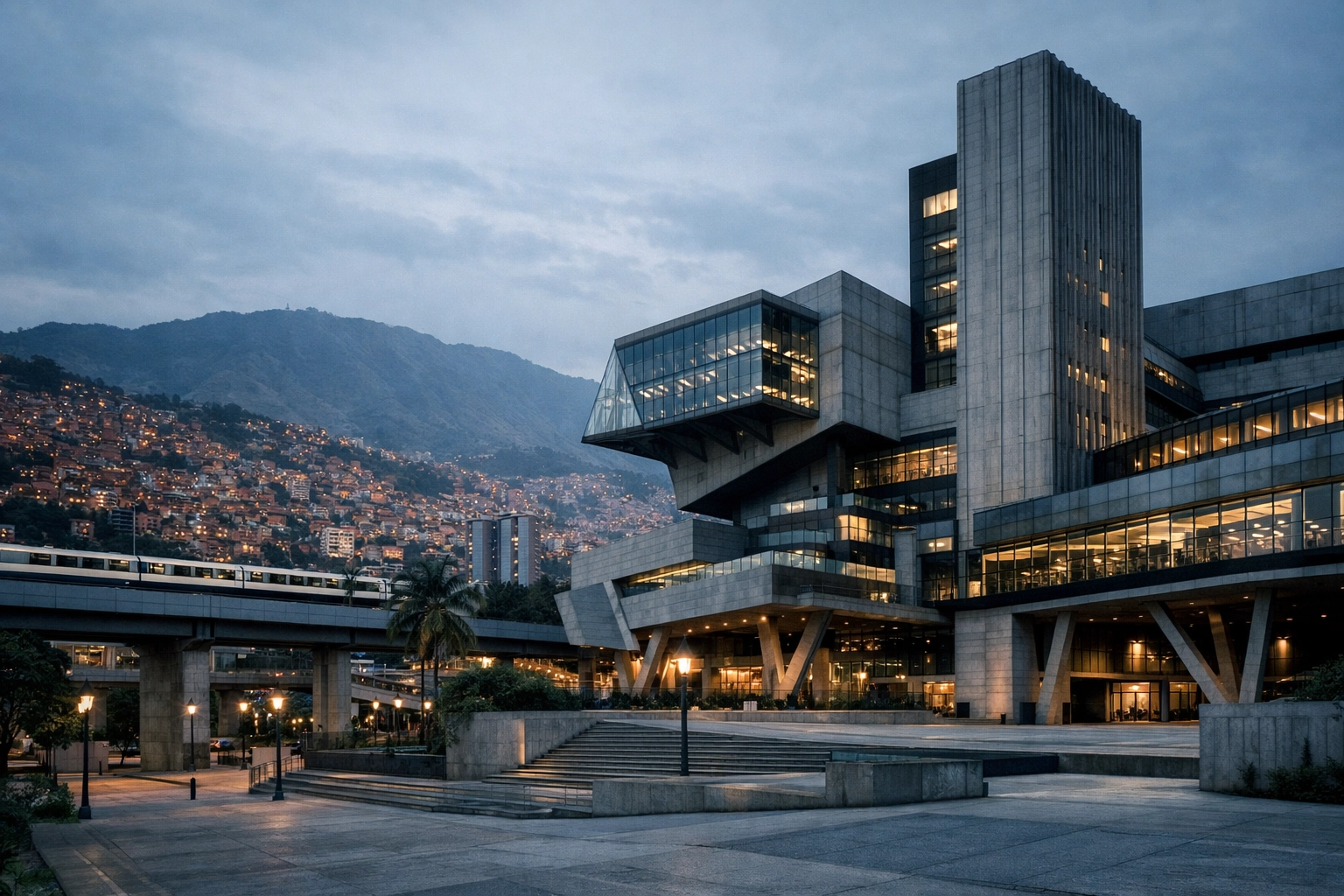 Modern research facility in Medellín’s innovation district overlooking traditional Andean hills.