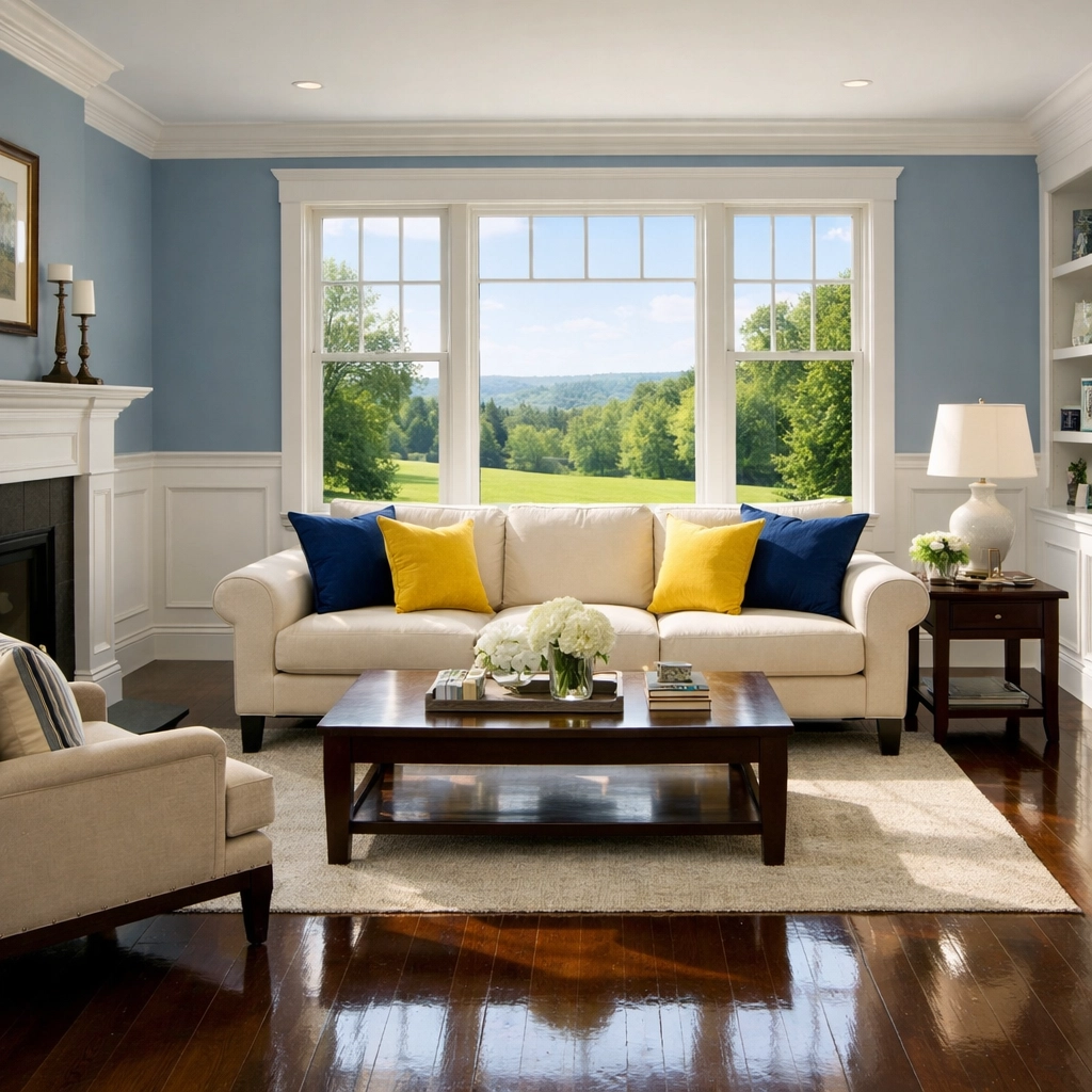 A spotless living room showing professional house cleaning Dunstable MA standards on hardwood floors.