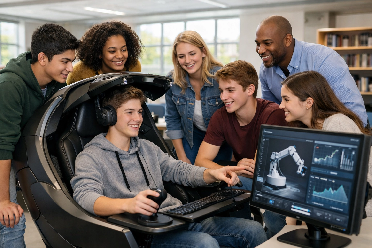 High school students engaging in experiential learning via a high-tech simulation pod for sponsorship activation.