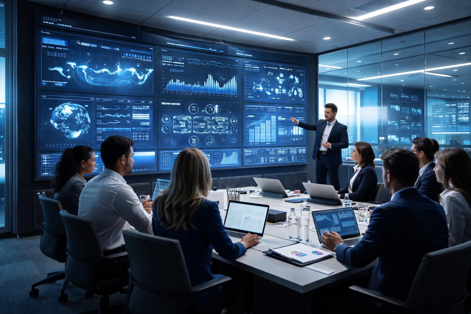 Corporate team analyzing sponsorship activation data and CRM workflows in a modern command center