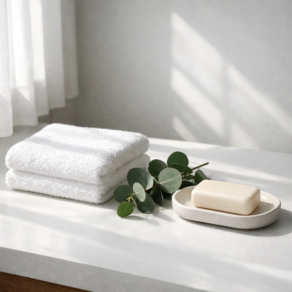 Clean bathroom setup with natural body wash essentials for sensitive skin care