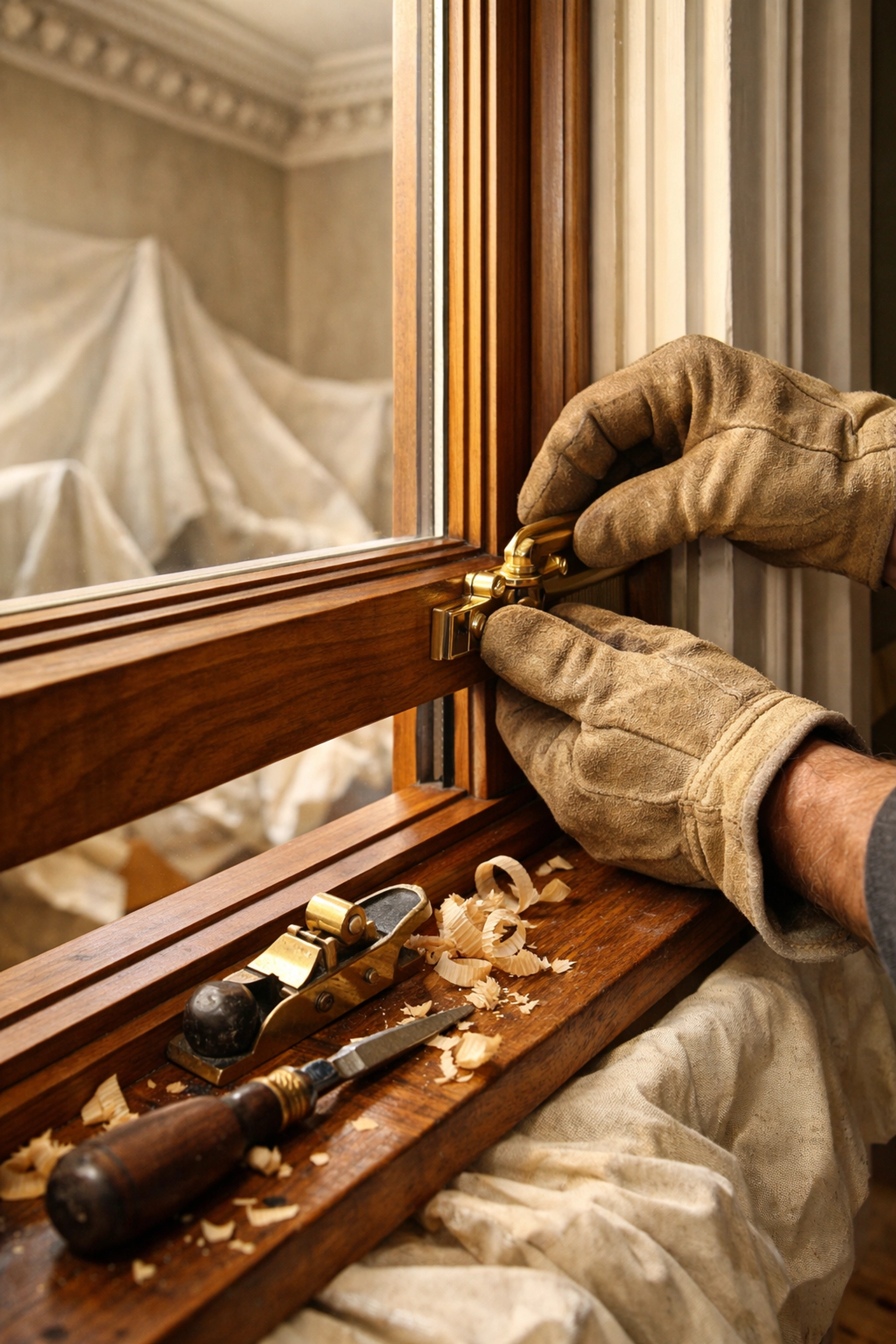Craftsman installing traditional sash window with precision during heritage restoration