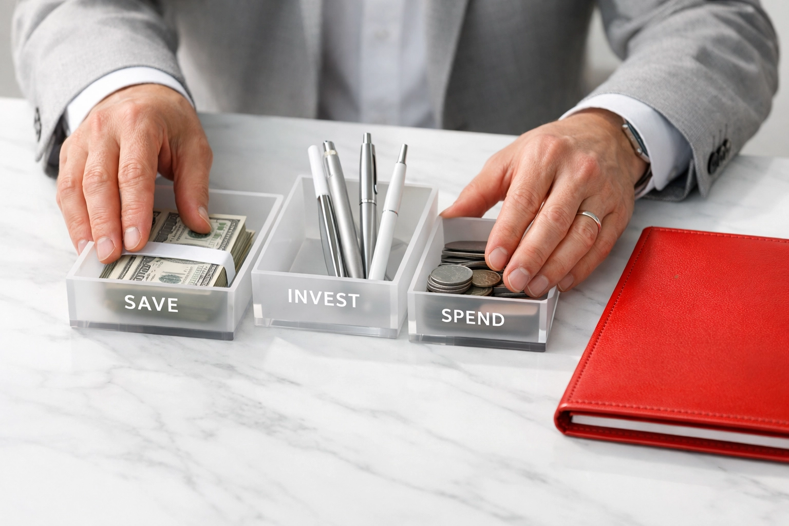 A business owner managing claim funds on a desk, representing level-funded plan transparency.