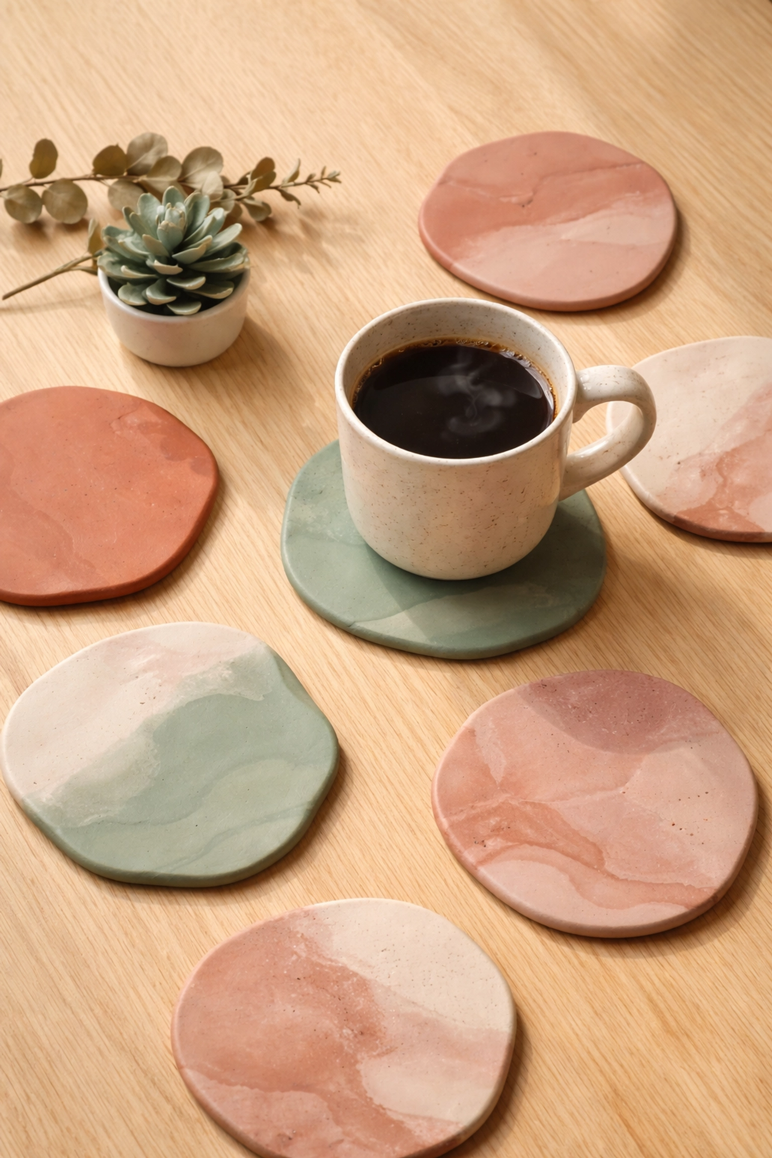 Handcrafted polymer clay coasters in soft earth tones, showcasing artisan craftsmanship for housewarming gifts.