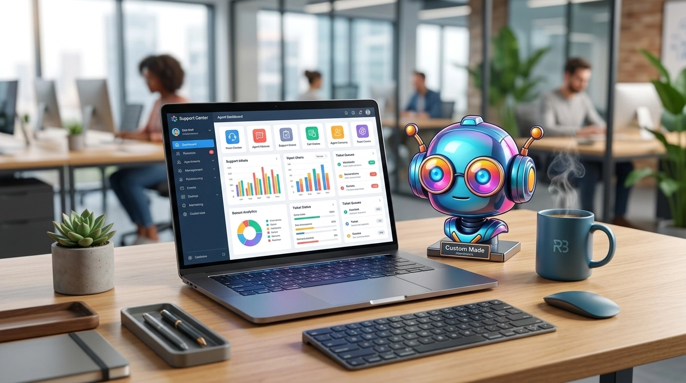 A modern, clean office desk with a laptop displaying a vibrant customer support dashboard, representing the ease of no-code automation.