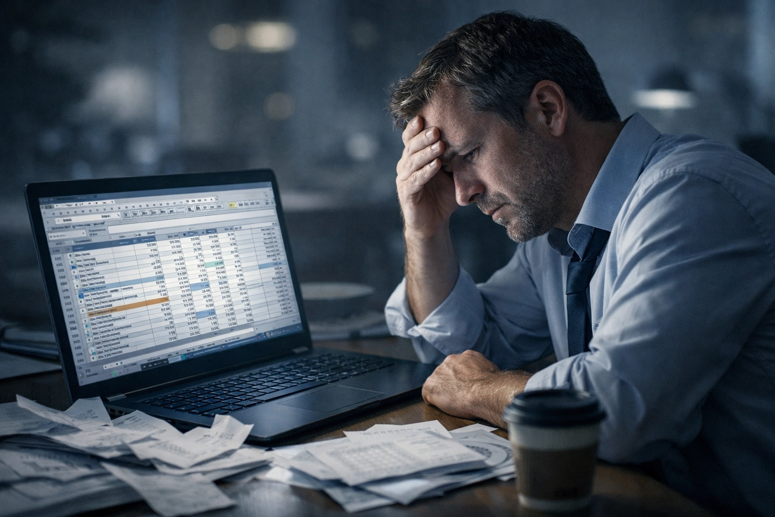 Frustrated business owner working late on complex spreadsheet for bookkeeping tasks