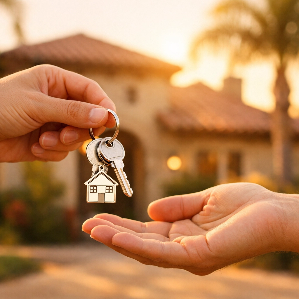 Handing over house keys in front of a suburban Arizona home after a successful closing.